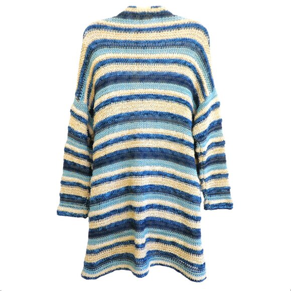 Lovestitch Long Cardigan Open Front OOAK Striped Blue Gold Metallic Drop Sleeve - Picture 5 of 12